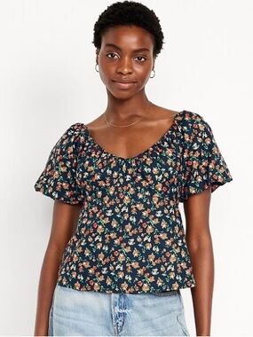 Old Navy | V-Neck Puff Sleeve Top | Navy Blue Floral | Size Large